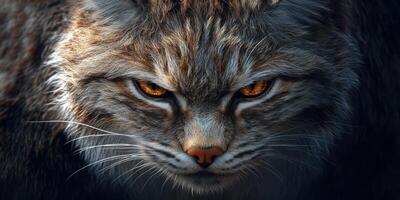 Intense expression of a wild cat showcasing piercing amber eyes in a dramatic close-up portrait photo