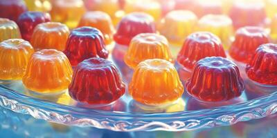 Colorful jelly desserts arranged beautifully on a glass plate in soft sunlight during a summer afternoon gathering photo