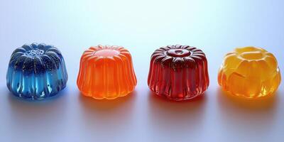 Colorful gelatins of various flavors arranged neatly on a surface photo