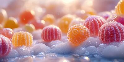 Colorful gummy candies covered in sugar sparkling in bright light on a reflective surface photo