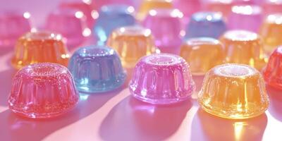 Colorful gelatin desserts arranged on a surface, showcasing vibrant hues and playful shapes in afternoon light photo