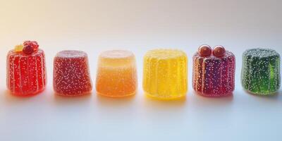 Colorful gelatin desserts arranged in a visually appealing line against a light background photo