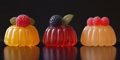 Colorful gelatin desserts with fresh berries on a dark reflective surface showcasing textures and vibrant colors photo