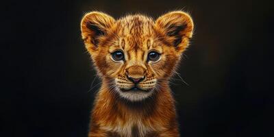 Lion cub gazes curiously with striking expression against a dark background at twilight photo