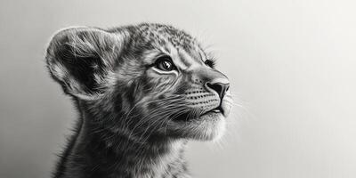 Captivating portrait of a lion cub gazing thoughtfully in monochrome tones photo