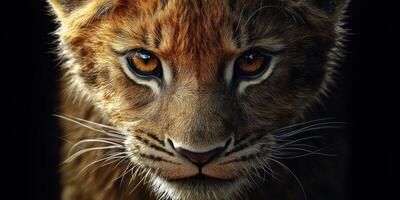 Fierce gaze of a young tiger captured in a dark setting showcasing its intense and powerful expression photo