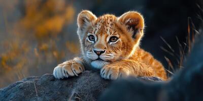 Cute lion cub resting on a rock in the golden light of sunset with a blurred natural background photo