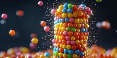 Colorful candy tower with vibrant gum balls falls over creating a splash in a playful setting photo