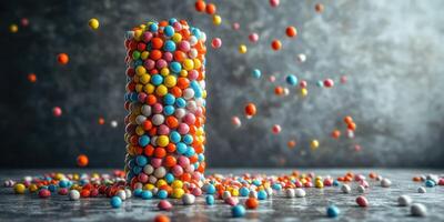 Colorful candy sprinkles cascade from a tower on a textured surface in a bright and vibrant setting photo