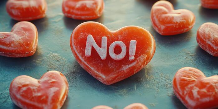 Heart-shaped candy with the word No surrounded by other heart-shaped candies at a colorful table photo
