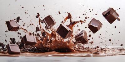 Chocolate cubes splashing into rich chocolate sauce create a dynamic culinary display photo