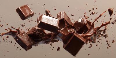 Chocolate pieces breaking apart and splashing liquid chocolate on a neutral background photo