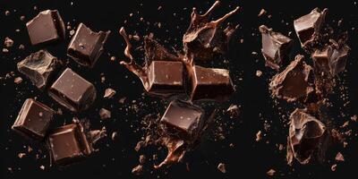 Chocolate pieces break apart and create a dynamic splash against a dark background photo