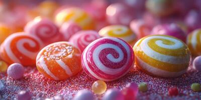 Colorful spiral candies create a vibrant display with a sugary background during a sunny day photo