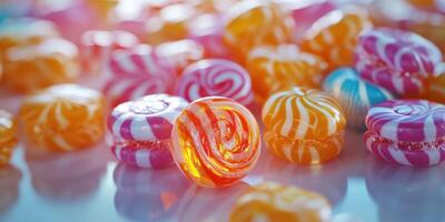 Colorful swirl candies arranged on a reflective surface in bright lighting create a cheerful atmosphere for sweet treats photo