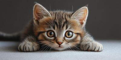 Playful kitten preparing to pounce in a cozy indoor setting during the afternoon photo