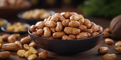 Bowl of roasted peanuts on wooden table with scattered nuts in background during afternoon gathering photo