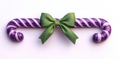 Colorful candy cane with purple and white stripes adorned with a green bow arranged on a plain background photo