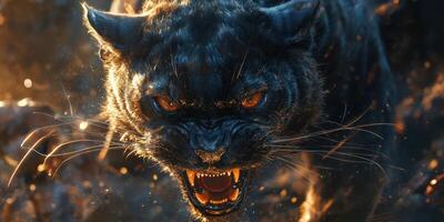 Black panther displaying fierce expression during a sunset in a dense jungle environment photo