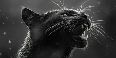 Majestic black panther displaying fierce expression amid shadowy background photo