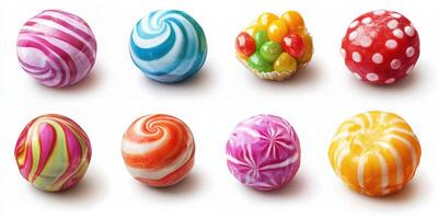 Colorful assortment of round candies displayed in various patterns and colors with a playful design aesthetic photo