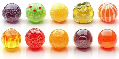 Colorful assortment of assorted candies displayed on a white background in daylight photo