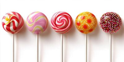 Colorful lollipops arranged in a row showcasing vibrant patterns and textures against a white background photo