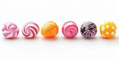 Colorful candies in various shapes and designs lined up on a white background photo