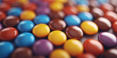 Colorful assortment of candy coated chocolates arranged in a vibrant pattern on a surface photo
