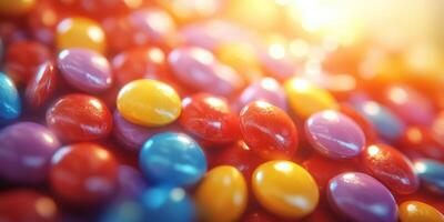 Colorful candy assortment captured in warm sunlight on a vibrant background photo