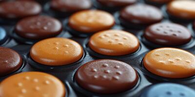 Colorful chocolate and caramel candies arranged in a grid pattern on a black tray at a candy shop during daylight photo