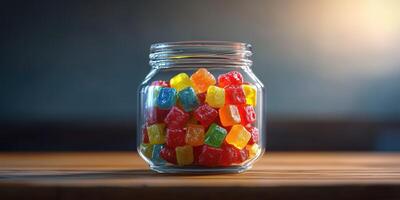 Colorful gummy candies displayed in a glass jar on a wooden table with soft lighting photo