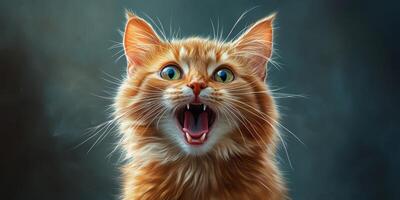 Ginger cat with wide-open mouth displaying excitement or surprise in a soft-focused background photo