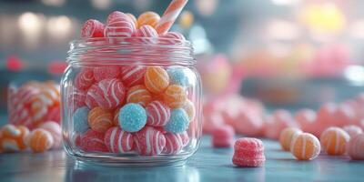 Colorful candy jar filled with striped and fruity sweets on a vibrant background at a sweet shop photo