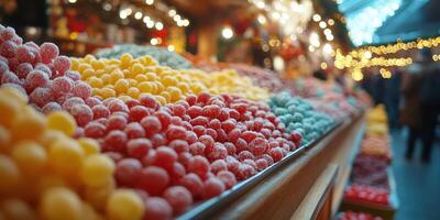 Colorful array of confections in a vibrant market during an evening visit photo