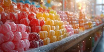 Colorful candies stacked neatly at a vibrant candy shop with sunlight filtering through the windows photo