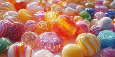 Colorful assortment of candies displayed on a bright surface, creating a vibrant and inviting atmosphere photo
