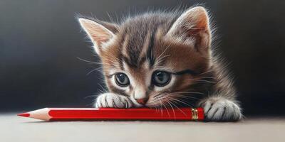 Curious kitten engages with a red pencil on a smooth surface in a cozy, softly lit indoor setting photo