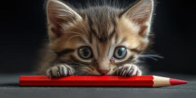 Curious kitten playfully interacts with a red pencil on a dark surface during a cozy indoor moment photo
