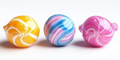 Colorful swirled candies arranged in a row showcasing vibrant designs and playful hues photo