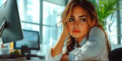 Young professional woman looking thoughtfully out window at modern office during the afternoon photo