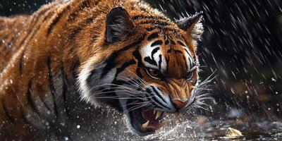 Fierce tiger prowls through heavy rain in a dense forest environment, showcasing strength and agility photo