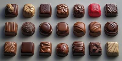 Assorted gourmet chocolates displayed on a gray surface in an elegant arrangement showcasing various textures and flavors photo