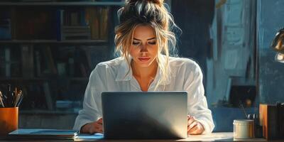 Woman working on a laptop in a cozy workspace during evening hours with warm light photo