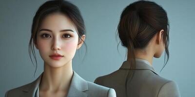 Young businesswoman in a gray suit presenting a professional and confident look from multiple angles in a studio setting photo