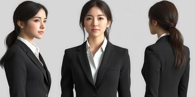 Business professional in a tailored suit poses confidently from multiple angles in a neutral background environment photo