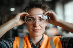 A mechanic in a high-visibility vest is adjusting their safety goggles in a bright, modern garage. The scene captures their practical skills and attention to safety, set against a clean backdrop photo