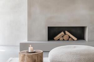 A modern Nordic fireplace features a smooth concrete surround and is styled with a single candle atop a wooden accent. The warm, neutral-toned living room creates an inviting atmosphere photo