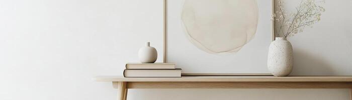 Modern console table features framed neutral-toned abstract art, styled with a ceramic vase and small books against a clean white wall, allowing ample space for text overlay photo