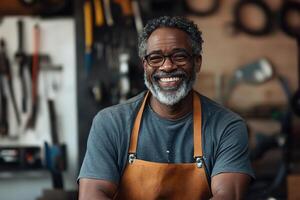 Mechanic stands proudly in a well-lit workshop with tools surrounding him. His confident smile and grease-stained hands reflect his skills and approachability as he works photo
